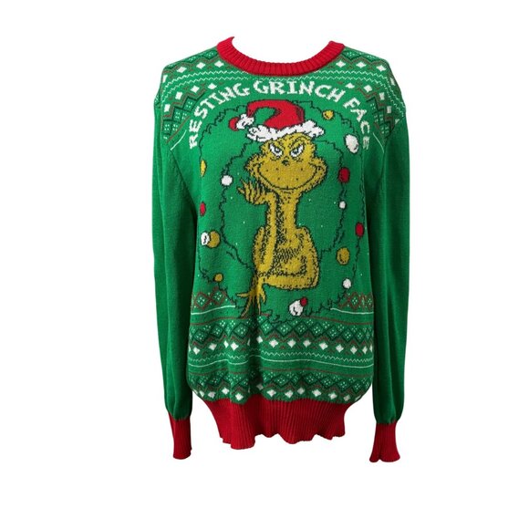 Resting Grinch Face Christmas Green & Red Pullover Womens Cozy Sweater Size XL - Picture 1 of 11